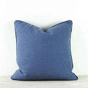 Linen buttoned cushion - Aegean Blue